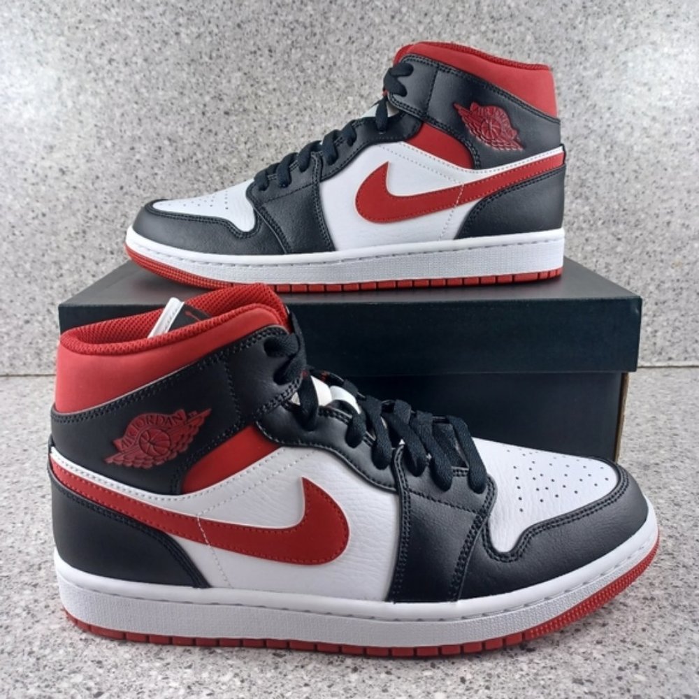 Nike Air Jordan 1 Mid Black White Gym Red Sneakers - Men's Size 8.5 Shoes